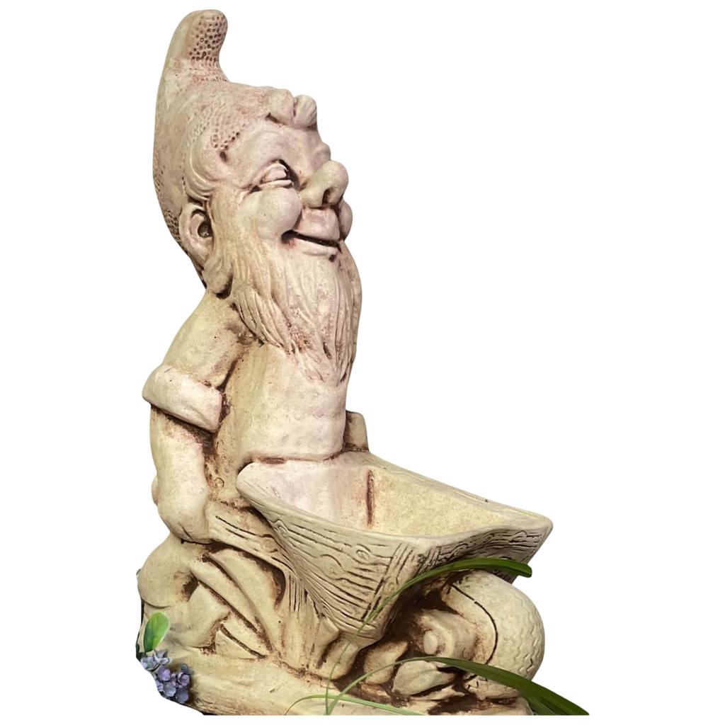 Garden Figure Dwarf with a Wheelbarrow Hand-made of Concrete