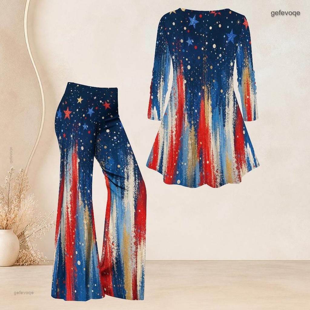 Women Plus Size Round Neck Three Quarter Sleeve Printed Red White Blue Flared Top And Flared Pants Set
