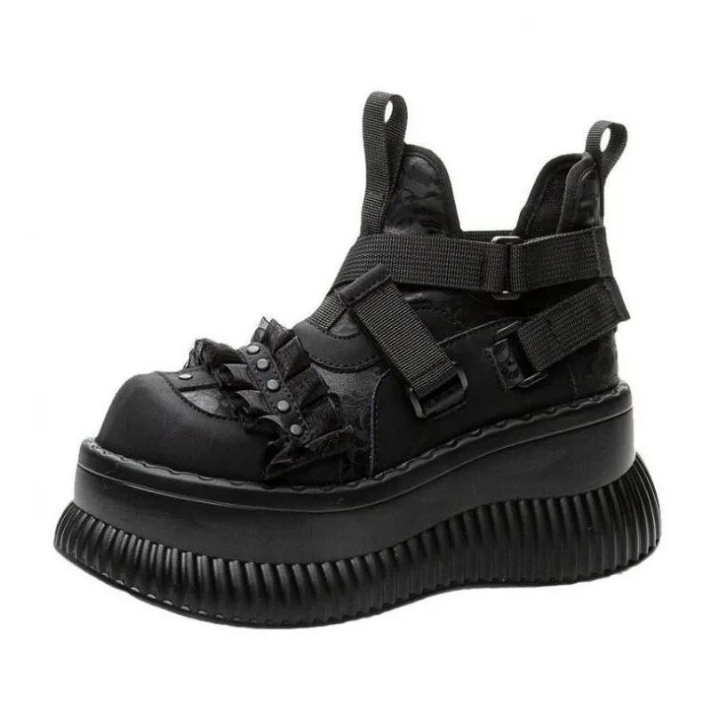 Fashion 8CM Gothic Style Chunky Boots High Platform Women Ankle Boots Elegant Walking Comfy Woman Motorcycle Shoes Punk Leather Boots