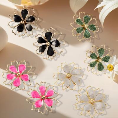 Color Sweet Small Fresh Oil Dripping Flower Stud Earrings Simple Design Feeling Hollow Double-layer Petal Earrings Temperament Earrings