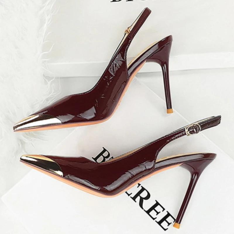 Fashion New Women 9.5 Cm Heels Metal Pointed Tip Women Pumps Hollow Out Hook Strap High Heeled Sandals Women Summer Shoes Plus Size 43