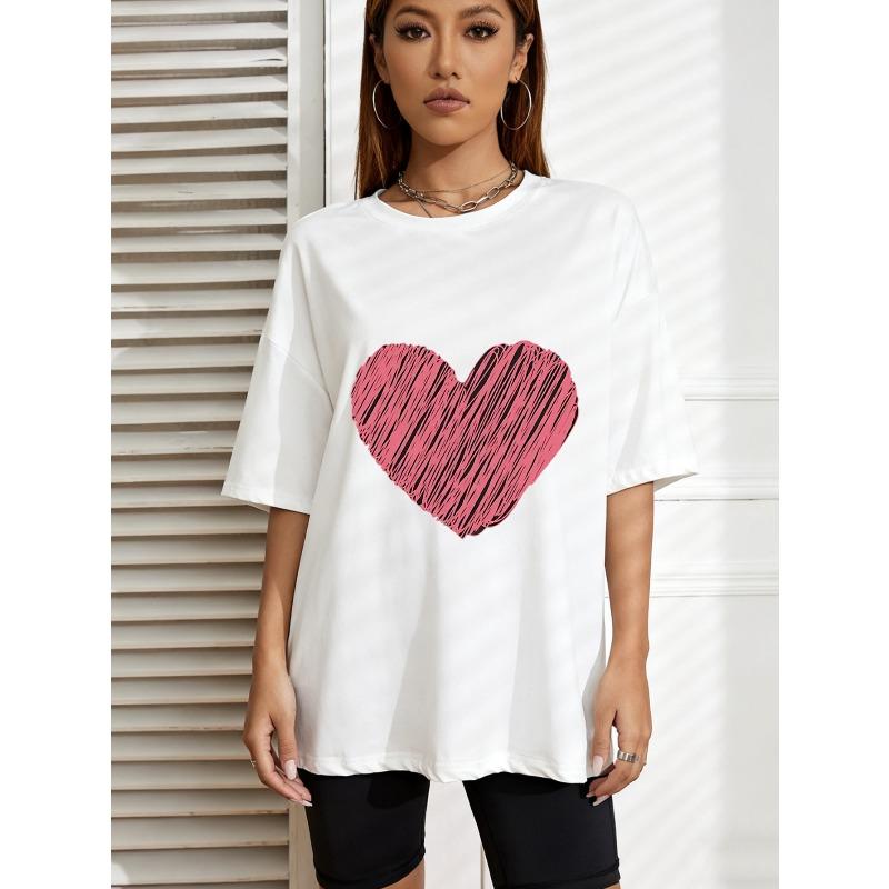 

White Oversized T Shirt With Pink Heart Print For Casual Wear XXXXL білий