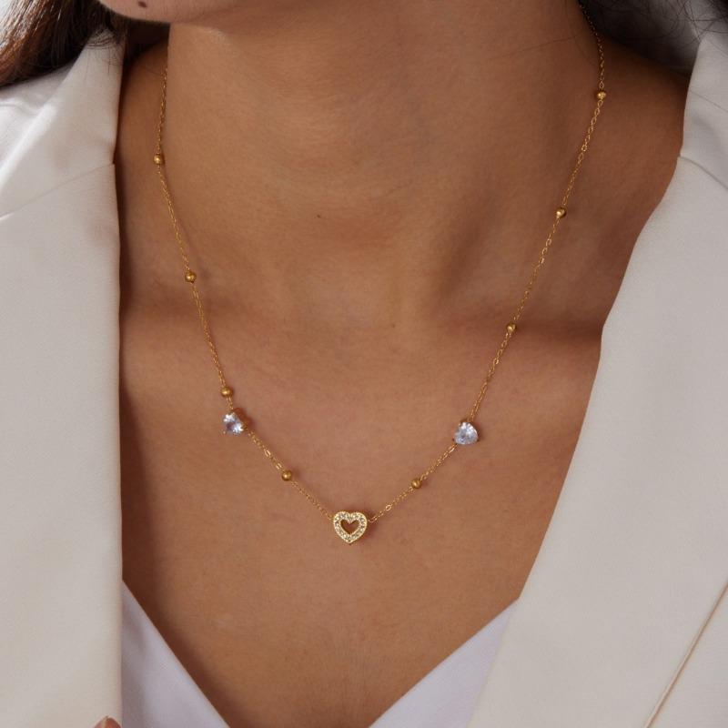 Gold Plated Heart CZ Beaded Necklace, Dainty Open Heart Pendant Link Chain with Clear Zircon Charms, Love Jewelry for Women Gift