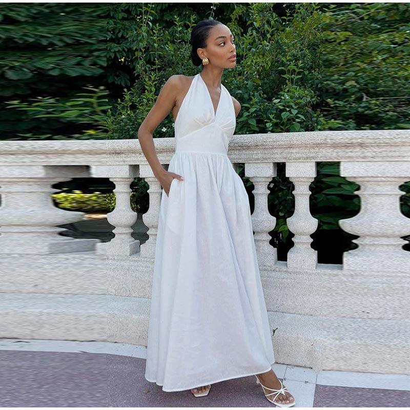 Dámské letní bavlněné dlouhé šaty bez rukávů, sexy výstřih do V, boho maxi šaty, volný styl, dlouhé šaty, oblečení
