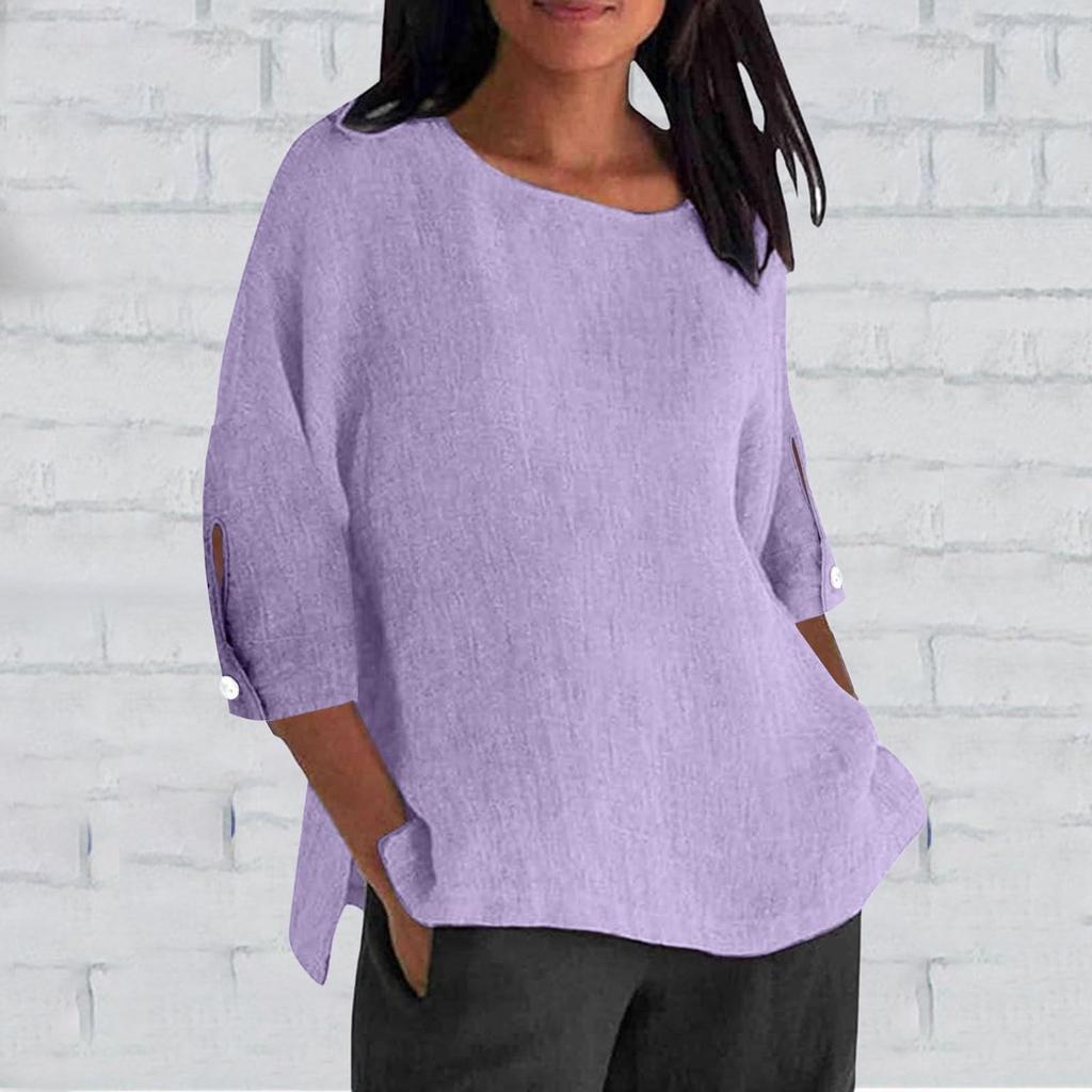 Women's Fashion Seven-Quarter Sleeve Round Neck Solid Color Loose Casual Shirt Tops