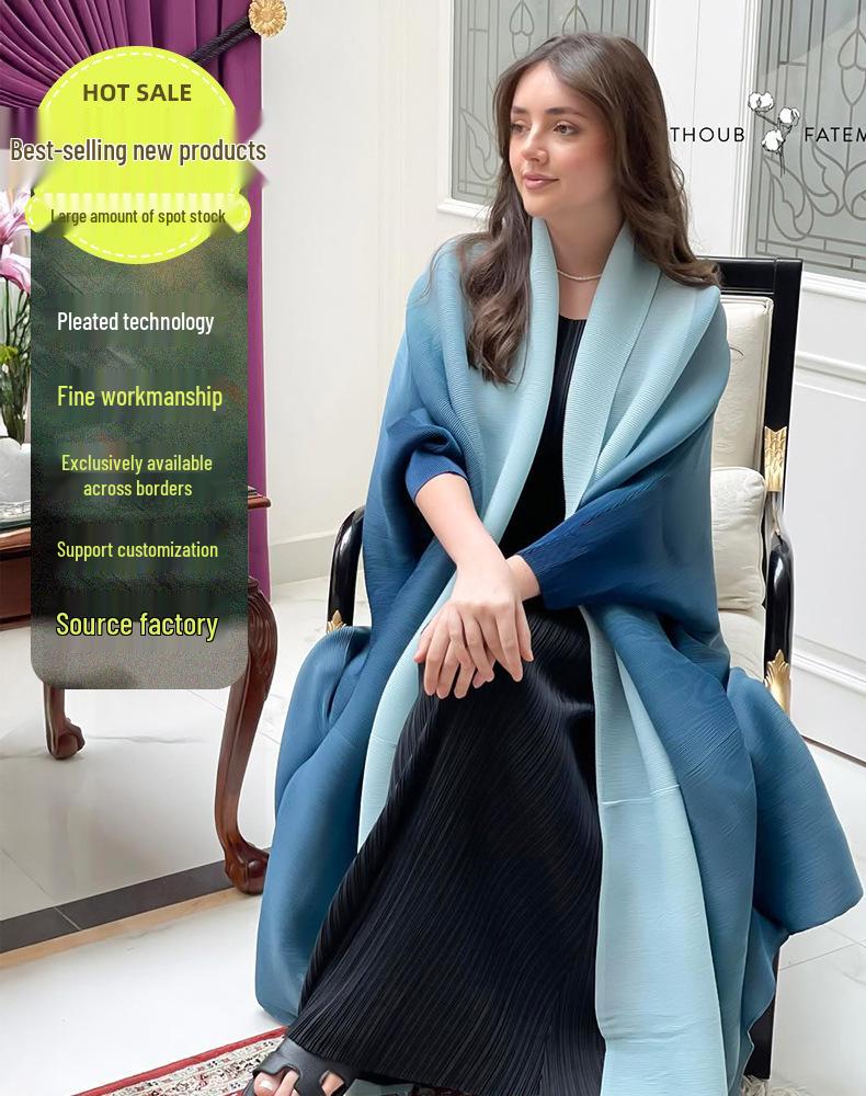 Plus Size Women's Gradient Batwing Sleeve Spring Coat - Miyake Style Fashionable Long Robe