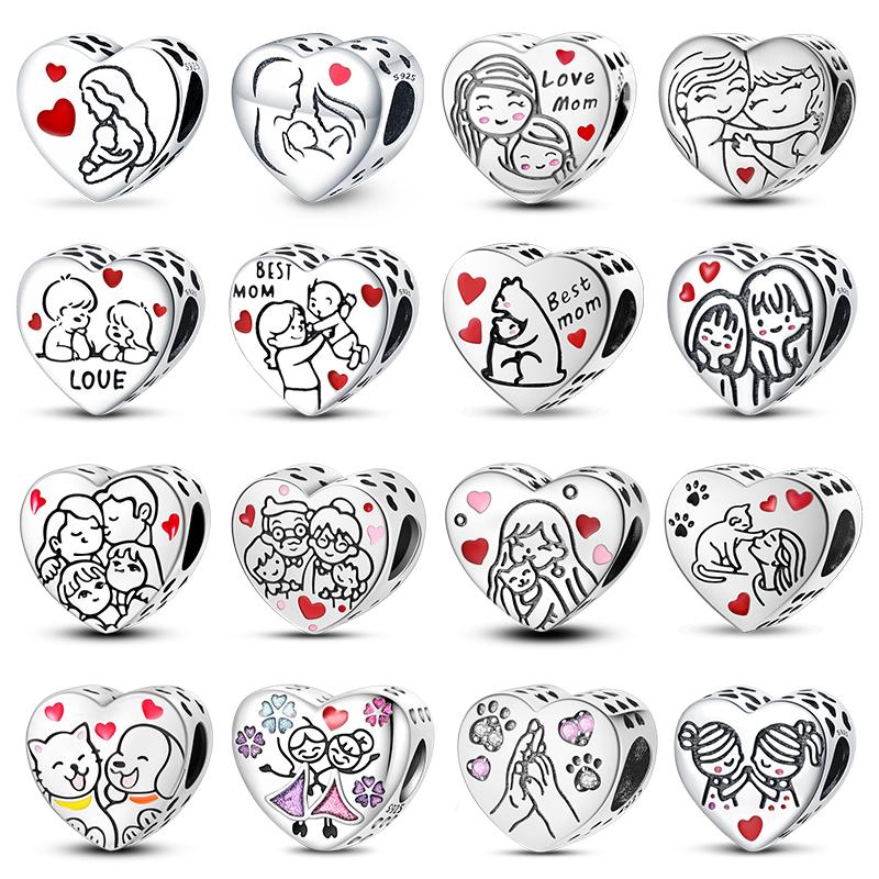 Copper Heart Dog Cat Warm Family Charms Beads Fit 3Mm Original Bracelets Fine Diy Mother'S Day Jewelry Gift