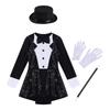Girls Magician Costume Set Long Sleeve Bow Tie Back Zipper Sequin Leotard Hat Magic Wand Gloves