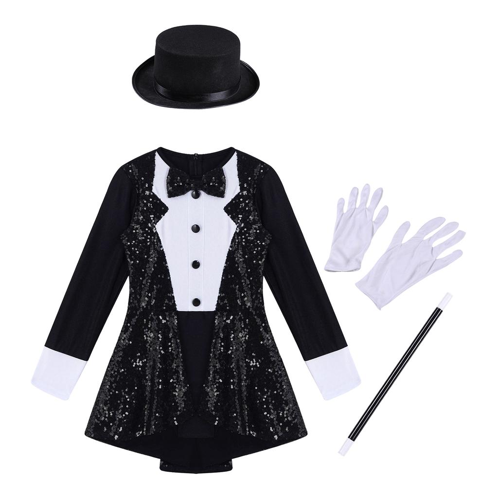 Girls Magician Costume Set Long Sleeve Bow Tie Back Zipper Sequin Leotard Hat Magic Wand Gloves