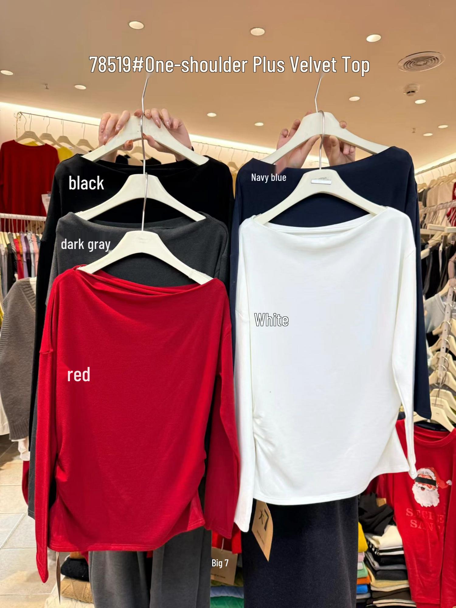 Women s Korean Winter Plus Velvet Loose One-Shoulder Top (Style 78519), Size 7 - Relaxed, Chubby MM Fashion. Dark Floral Gray