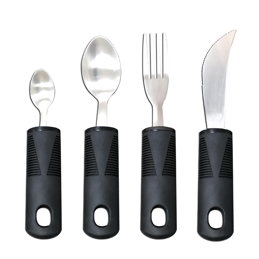 Adaptive Stainless Steel Anti-Tremor Tableware Set: Ergonomic Knife, Fork, Spoon with Rubber and Plastic Handles for Elderly Assistance