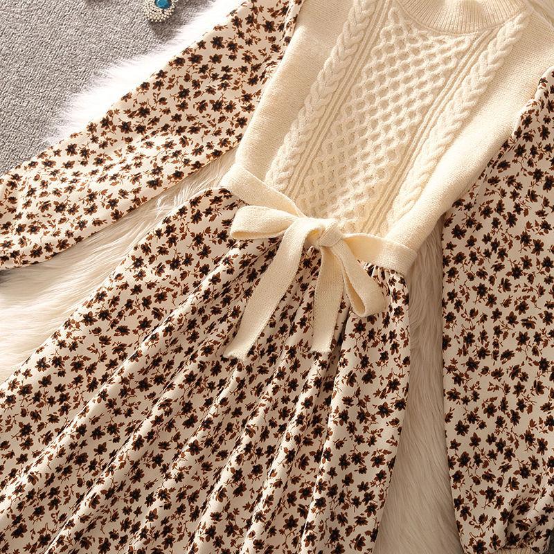 Herbst Neue Oansatz Patchwork Twist Cord Elegante Dame Gestrickte Blumendruck Kleid Frauen Laterne Hülse Schärpen Bogen Midi Kleid