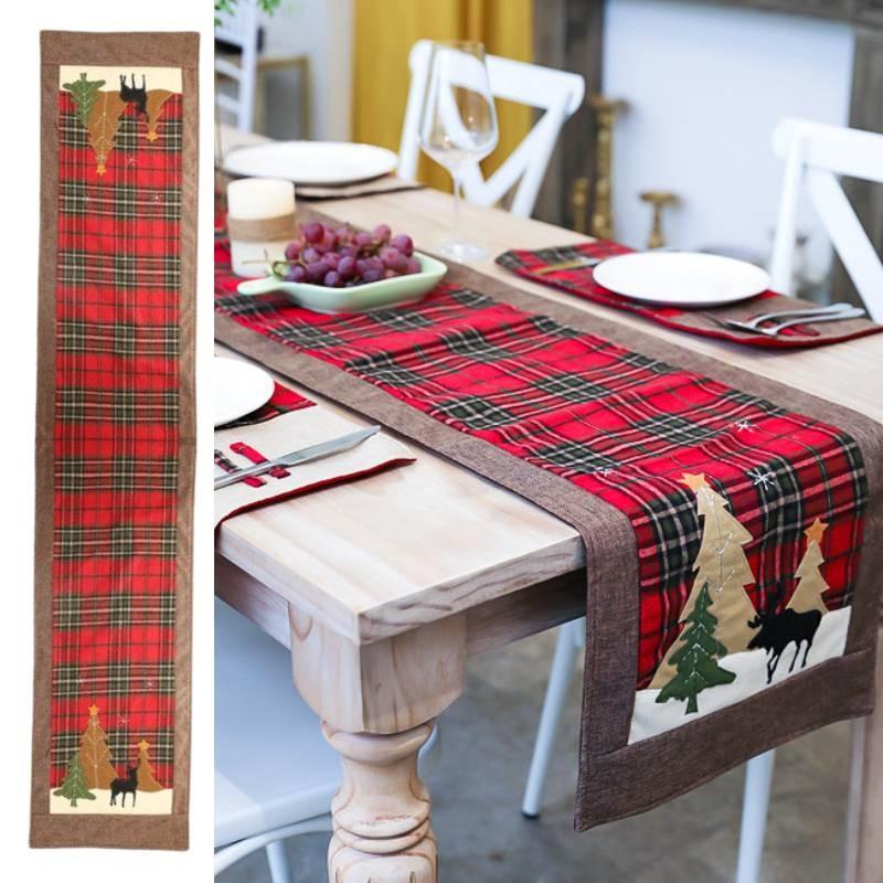 Charming Christmas Table Flag Stylish Plaid Fabric Embroidered Table Decor For Holiday Gatherings