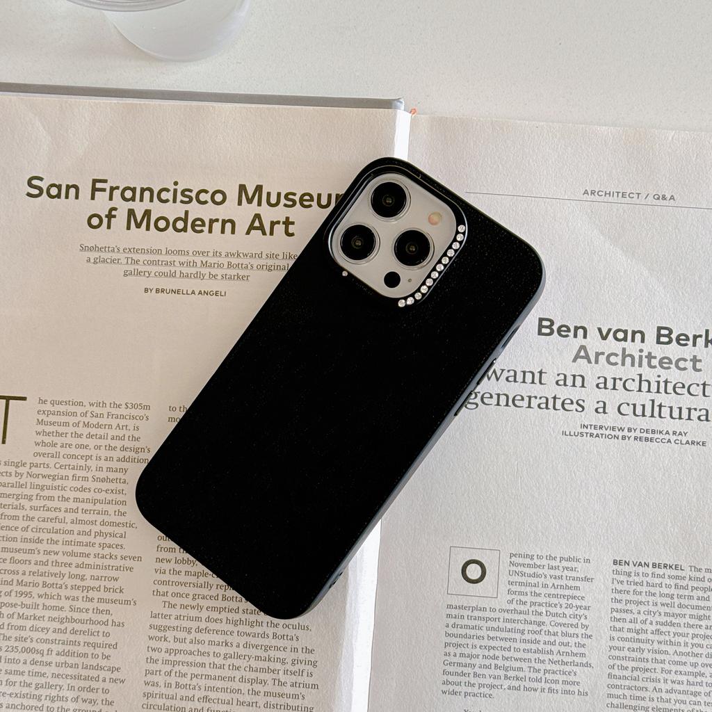 Suitable for IPhone16promax, Plain Leather Phone Case, Apple 15, Metal Diamond Lens Ring