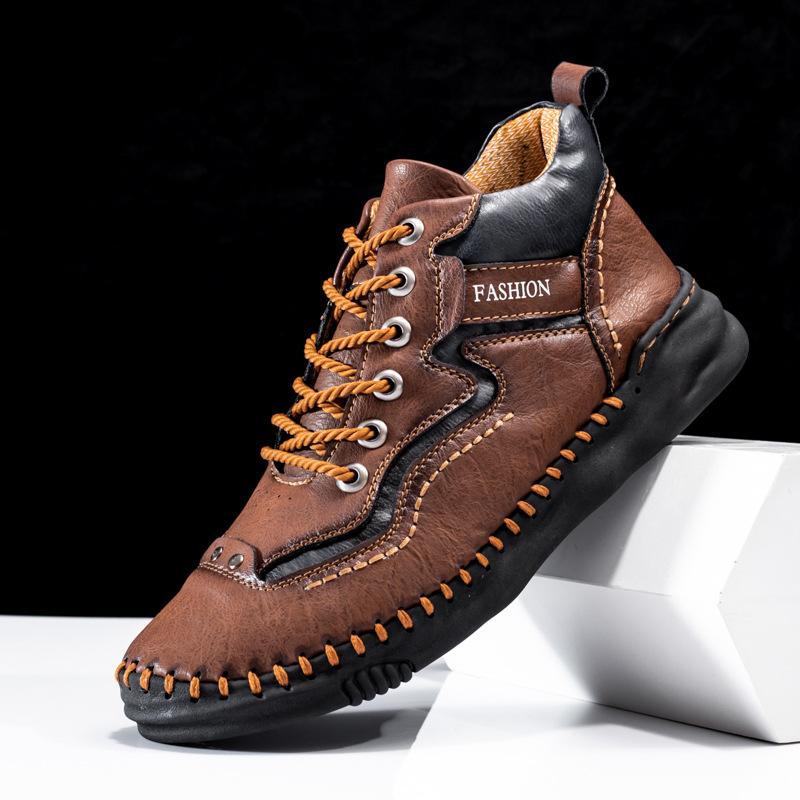 2025 Autumn New Men's Mid-top Martin Boots Foreign Trade Large-size Men's Leather Boots Hand-sewn Retro Warm Men's Boots