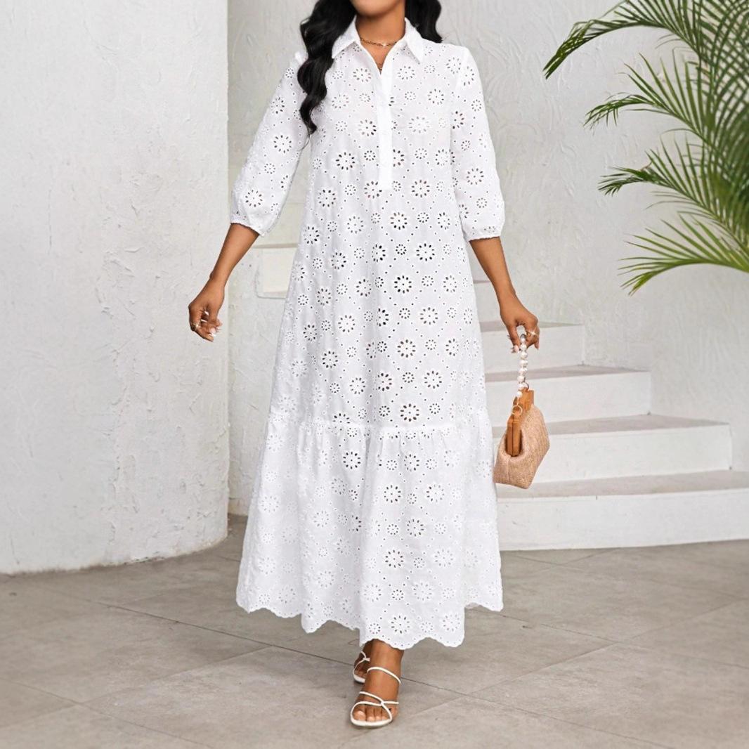 Women Eyelet Embroidery Lantern Sleeve Shirt Collar Ruffle Hem Maxi Dress S
