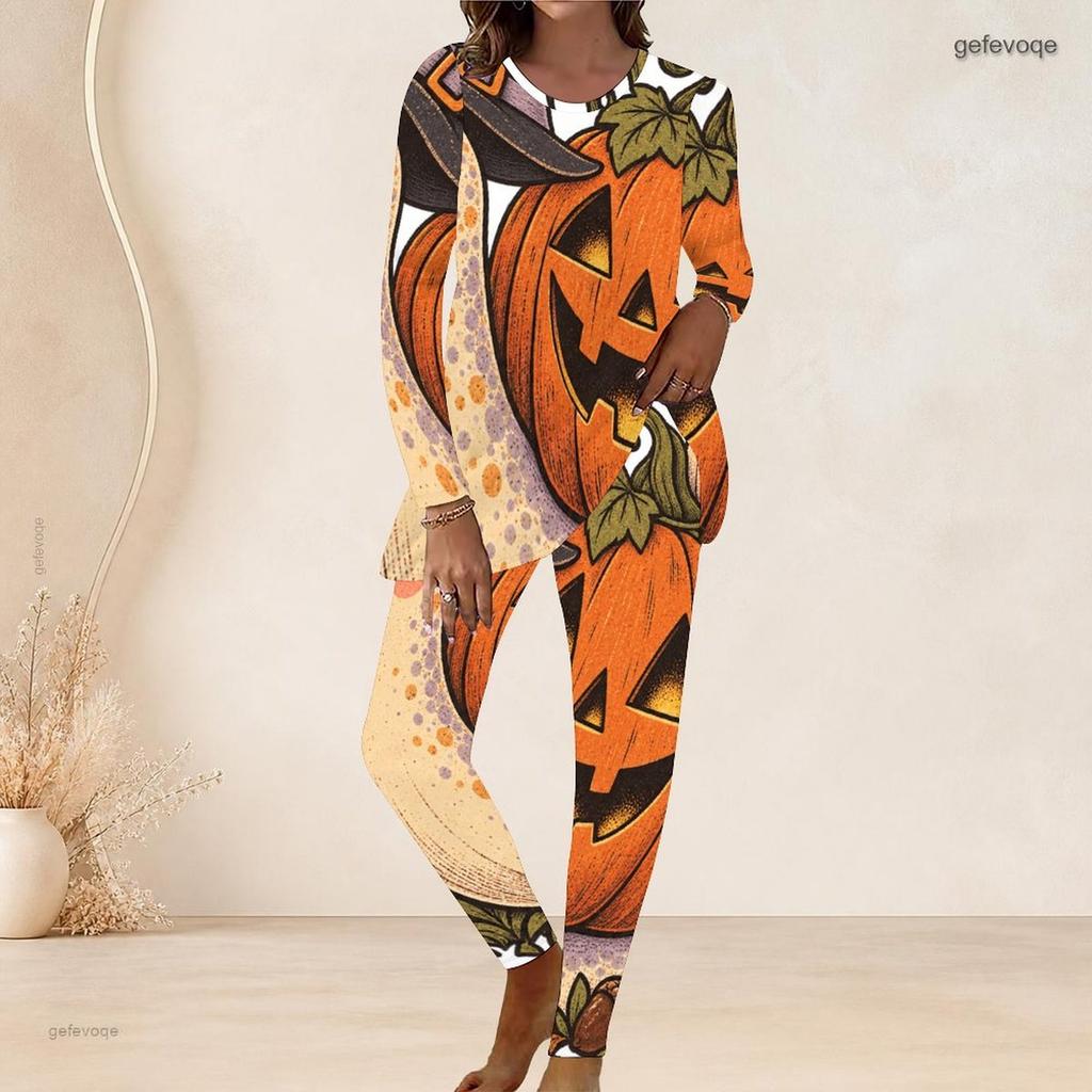 Women Plus Size Round Neck Long Sleeve Printed Cartoon Bear Pumpkin Two Piece Pants Set