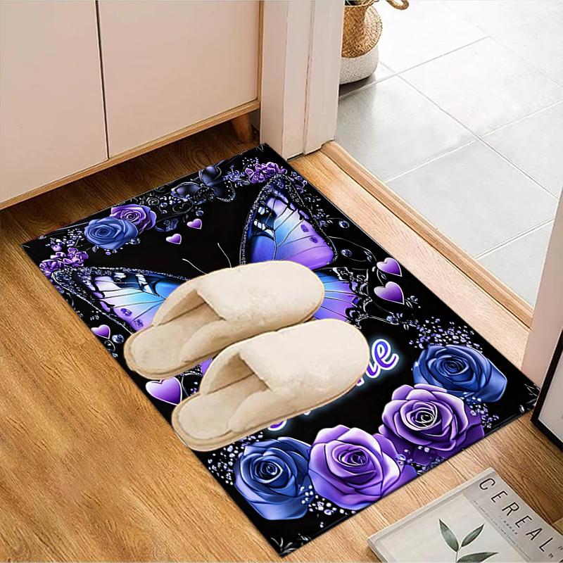 1PC Custom Name Purple Butterfly Roses Theme Floor Mat Ideal for Living Room, Game Rooms, Office, Bedroom,Floor Mat Playful Design