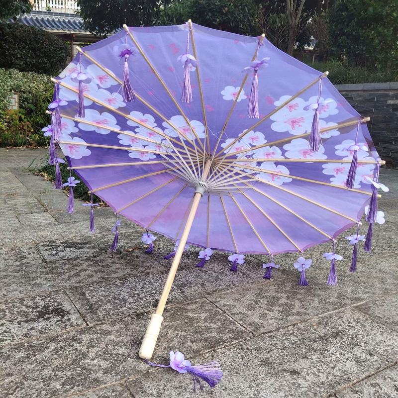 1PC Umbrella 70/82CM Oil Paper for Women Girl Performance Photo Props Antique Umbrella Parasol Satin Cloth Tassel