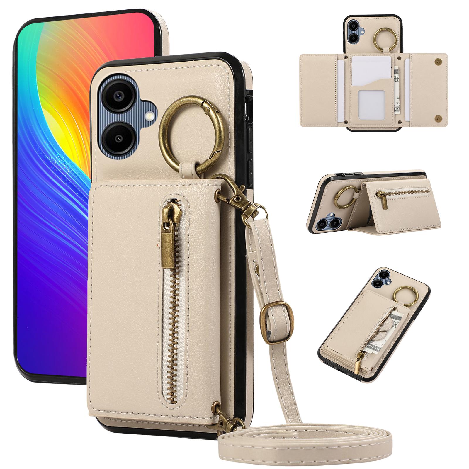 

Кожаная задняя крышка-кошелек на молнии с подставкой для телефона Samsung Galaxy A06 4G с плечевым ремнем Beige