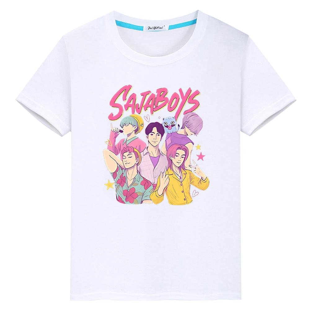

футболка для детей мальчик 10 лет Saja Boys kpop охотники на демонов Принт 100% хлопок Каваи Футболки Милые Топы аниме Короткий y2k одежда для девочек 100 белый