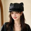 Autumn and Winter Retro Cute Hat Women's Sweet and Cool Versatile Cat Ears Octagonal Hat Plain Face Newsboy Hat