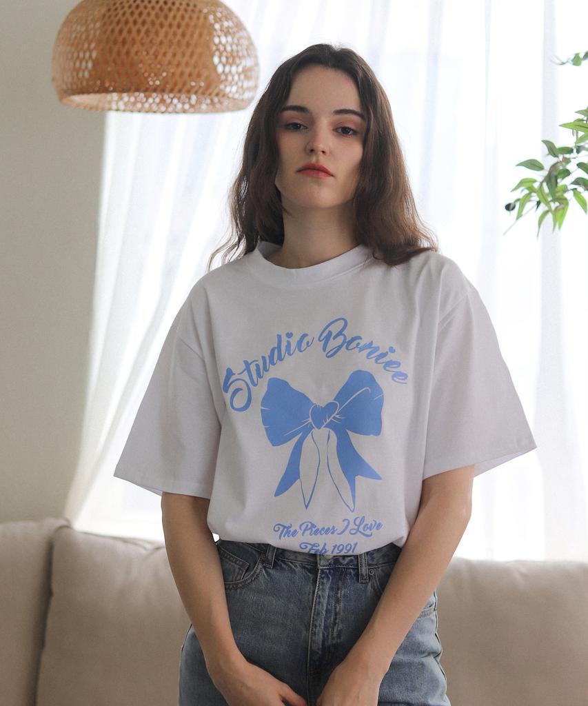 BONIEE Ribbon Graphic Loose Oversized T-Shirt White