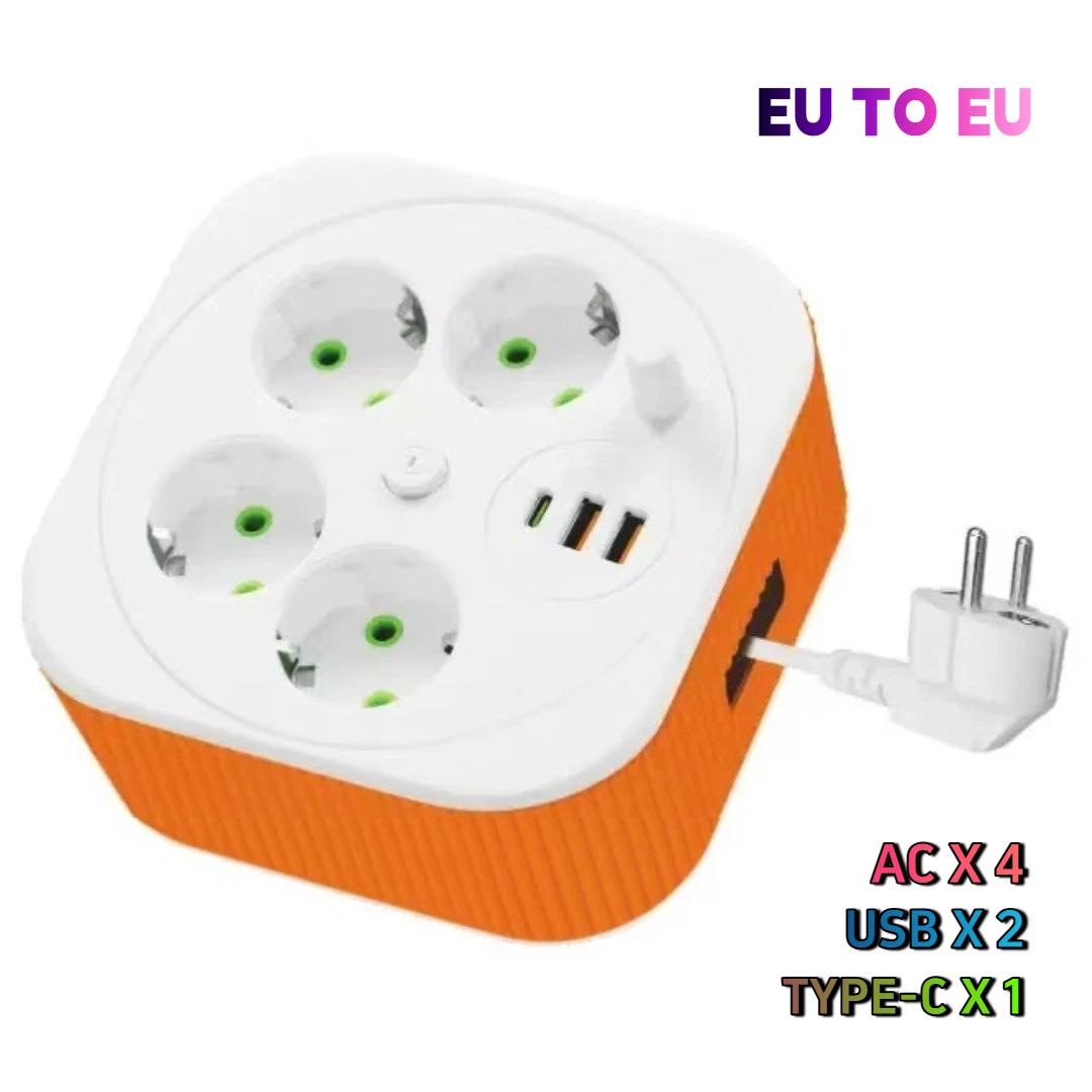 

Retractable USB Power Strip – Square Portable Extension with 2-M Cable, Multi-Socket Charging Station EU to EU помаранчевий