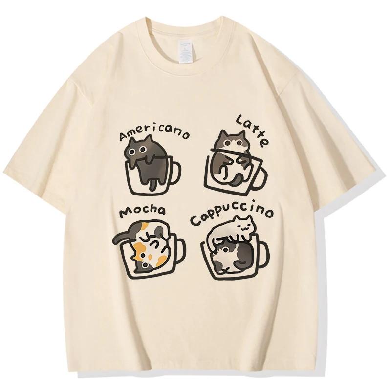 Camiseta Retro americana a la moda para mujer camisetas de veranocamisetas divertidas de gato y café ropa gráfica ropa de