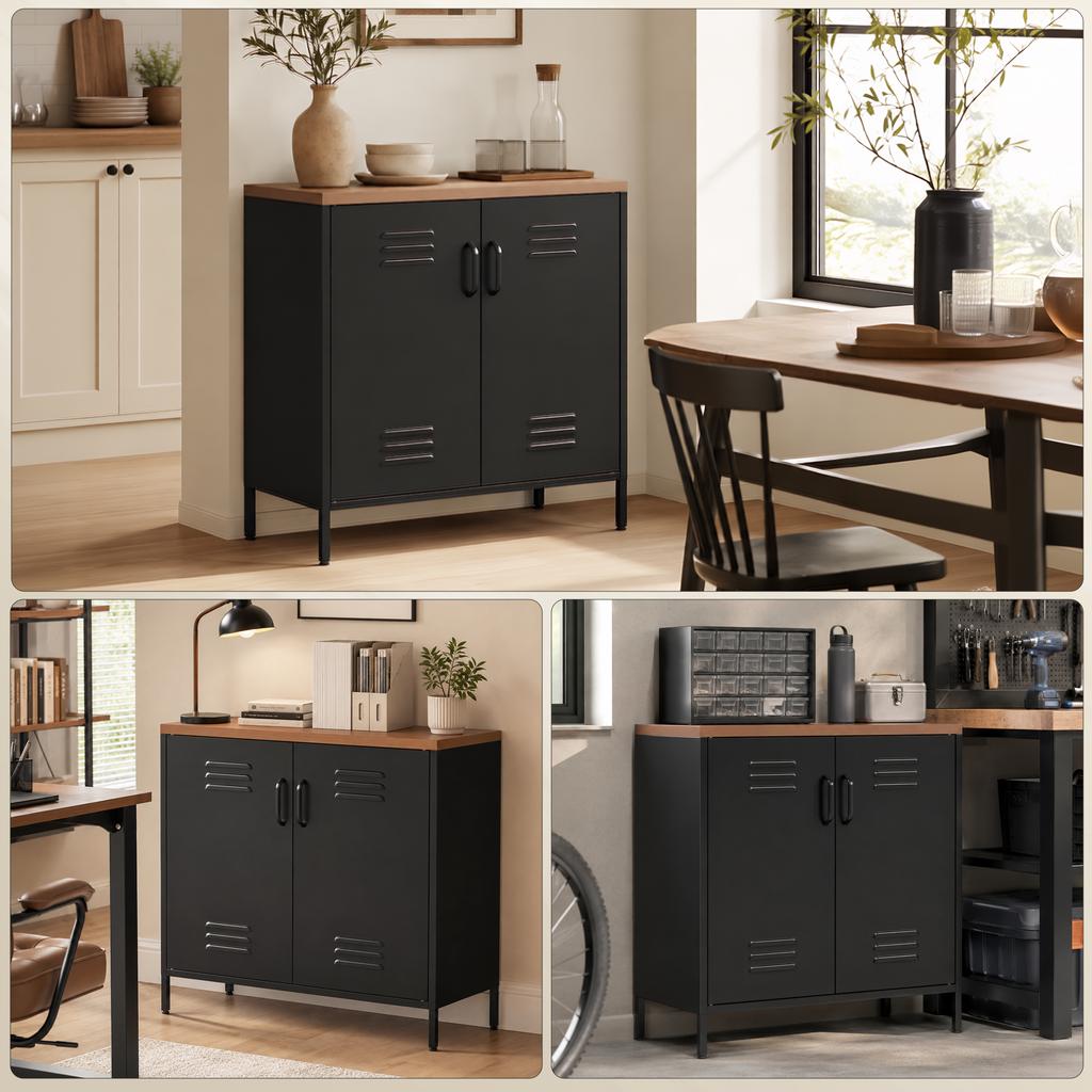 Metal Sideboard for Living Room, Industrial, 2 Doors, Adjustable Shelf, 80 x 40 x 80 cm, Black