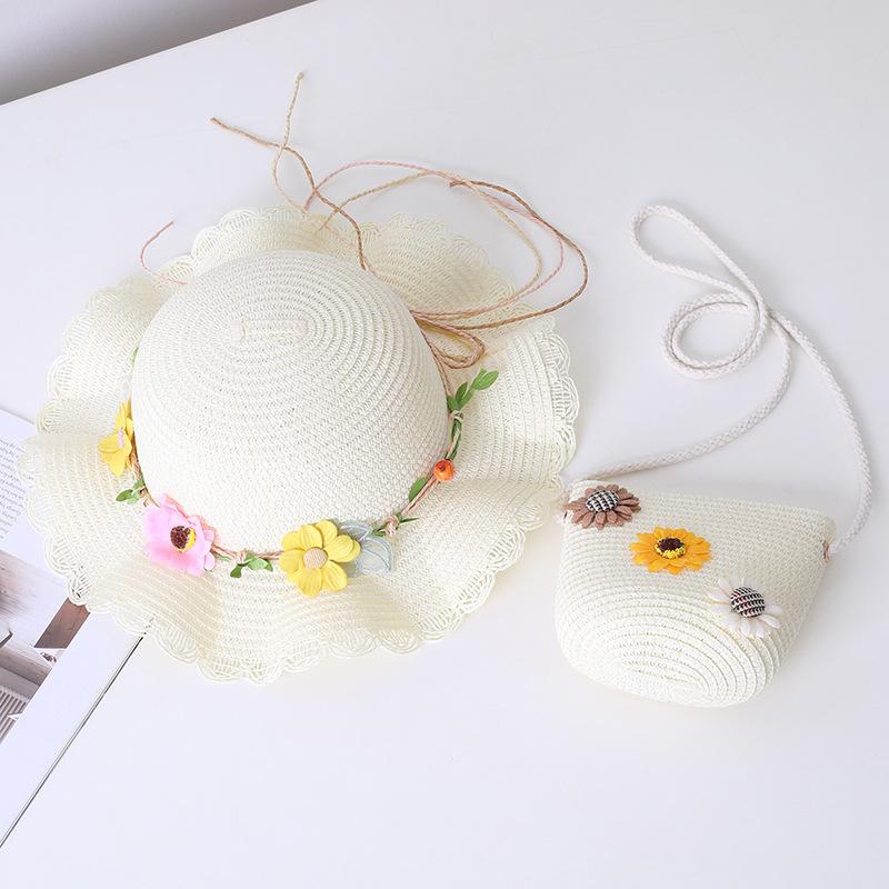 2pcs Suit Cute Children Straw Hat and Shoulder Bag Girls Summer Outdoor Beach Cap Cute Beach Sun Hat Cross Body Bag Bucket Cap