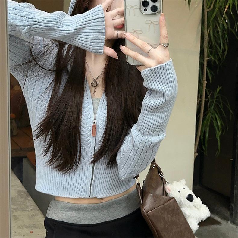 Short Twist Hooded Zipper Knitted Cardigan Women's Slim-fit Sweater Jacket