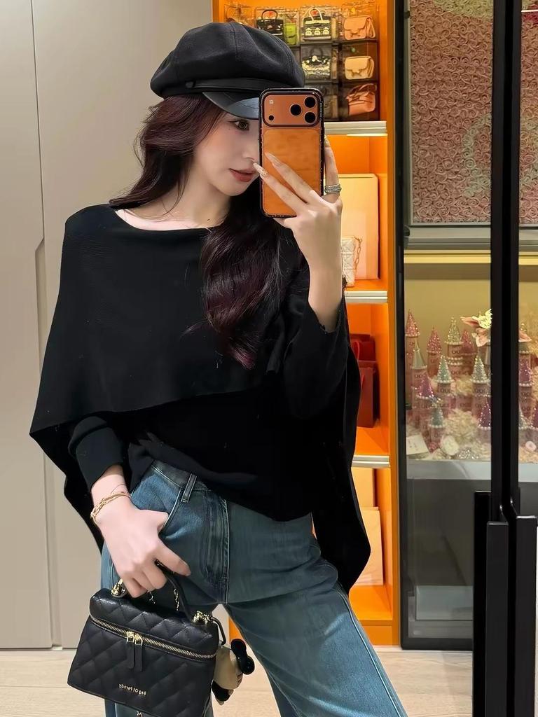 Korean Style Elegant Two-Piece Shawl Knitwear Sweater for Women - Autumn Cape Sleeves, Solid Color, Loose Fit, Slimming Top.