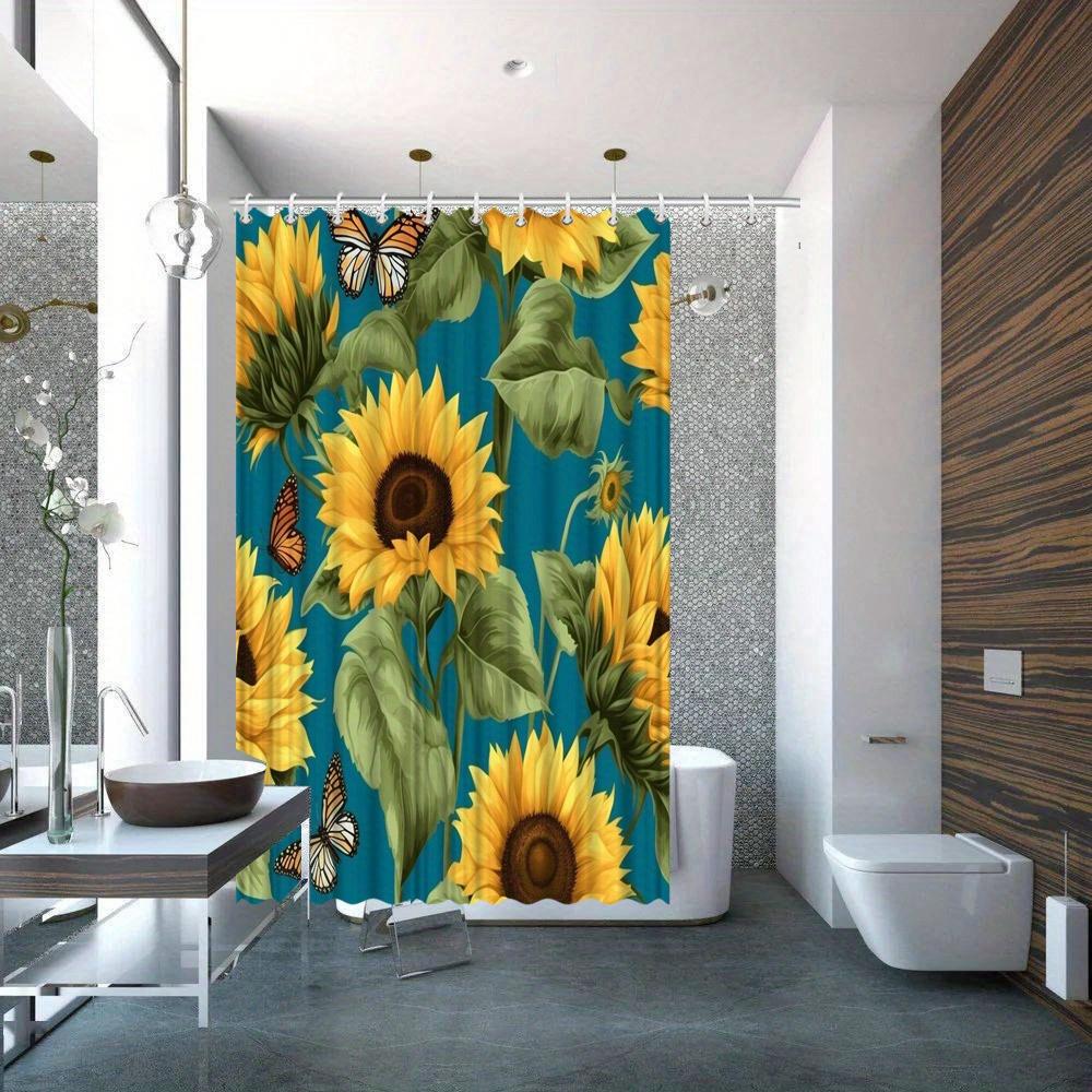 

1pc Sunflower and Monarch Butterfly Shower Curtain, Vibrant Yellow Floral Design on Teal Blue, Polyester Fabric, Woven, Washab 90x180cm