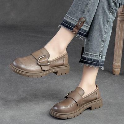Echtes Leder Frauen Schuhe Frühling Retro Runde Kappe Weiche Sohlen Flach Handgemachte Low Heel Loafers Frau Pumpen