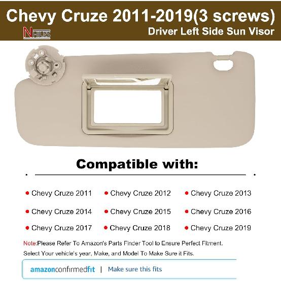 NHILES Left Driver Sun Visor Compatible With Chevy Cruze 2011- Sunshade Replacement Number 84126657 Color: Beige (3 Screw )