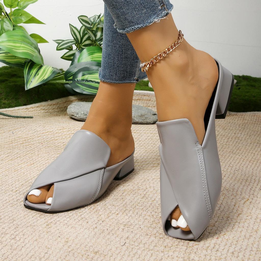 2025 Fashion Half Slippers Female Square Head Personalized Open-toe Square Heel Sandals Fashion Low Heel Outside Wear Slippers