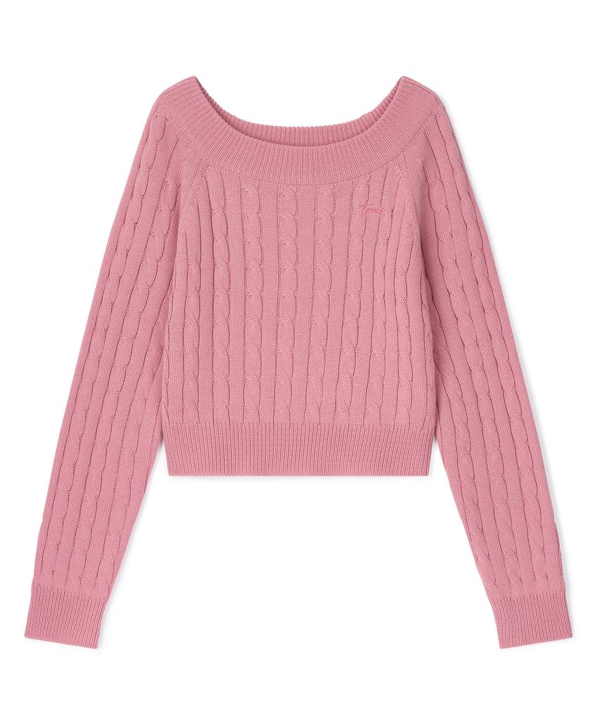Tobaseu Wool Cable Knit Off-Shoulder Top (Pink)