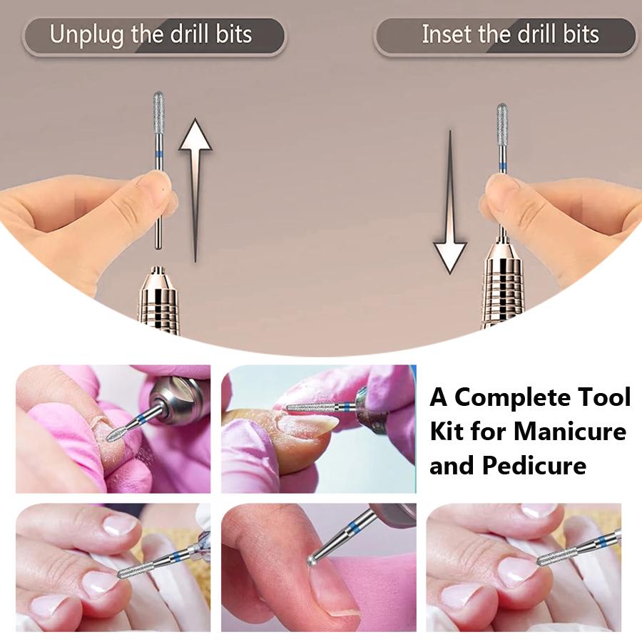 10 Stück Wolframstahl Nagel Schleifkopf Set mit Feile, Bürste, Polierer & Nagelhautentferner Werkzeugen für Maniküre Pediküre