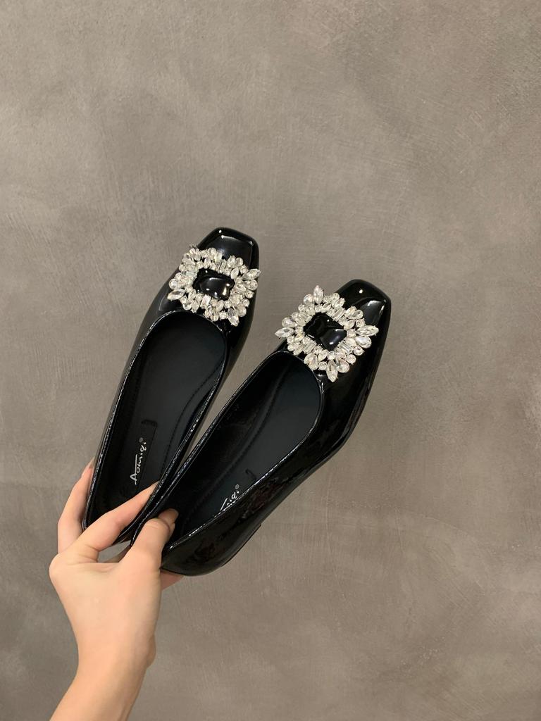 Fashion Flat Shoes for Women 2025 Spring and Autumn Silver Square Head Diamond Black Plus Size Casual Women's Shoes