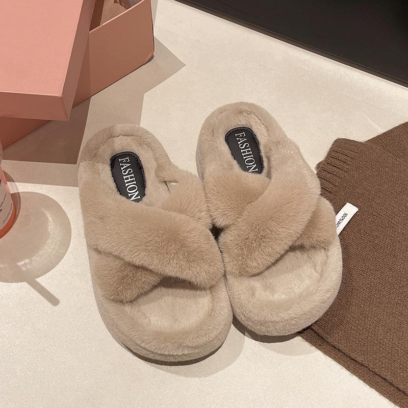 

Thick bottom fluffy slippers women wear autumn and winter 2025 new cross Internet celebrity explosion one word home cotton drag women 40 хаки