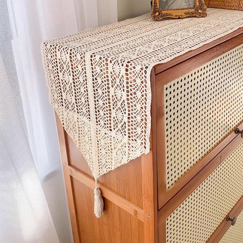 Beige Crochet Tassel Table Runner,Cotton Fabric for Kitchen Dining Coffee Table Wedding Birthday Holiday Decor