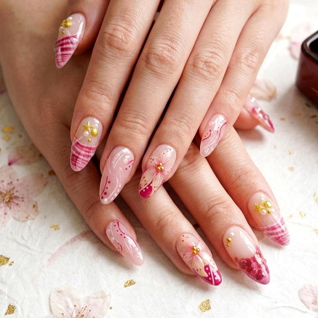 30 Piece Handmade Nude Pink Gradient Press-on Nails with Cherry Blossoms & Ocean Pearls