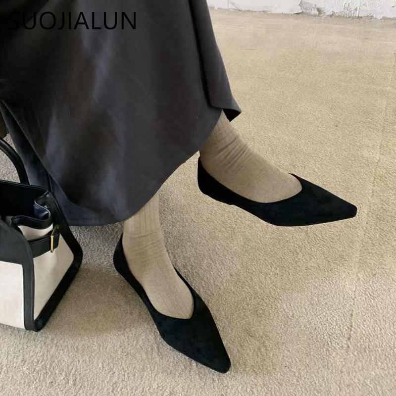 Fashion SUOJIALUN 2024 Autumn Women Flat Shoes Fashion Pointed Toe Shallow Slip On Baot Shoes Soft Low Heel Outdoor Dress Single Shoes