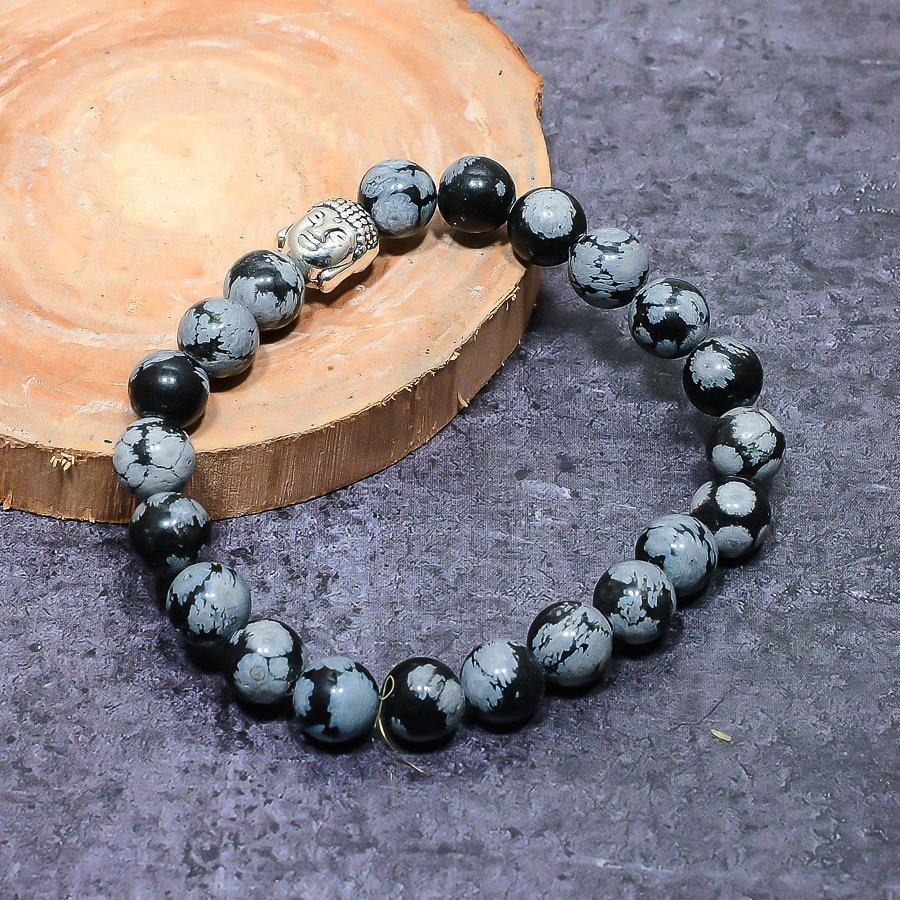 Natürlicher Schneeflocken-Obsidian Edelstein Handgefertigtes Armband Verstellbar ETC-9766
