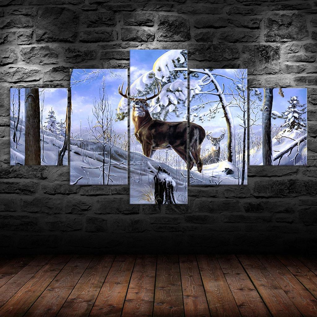 Deer Animal Winter Wildlife Landscape 5 Piece Canvas Wall Art Multi Panel Print Modern Poster Home Decor Picture Gift For Him For Her