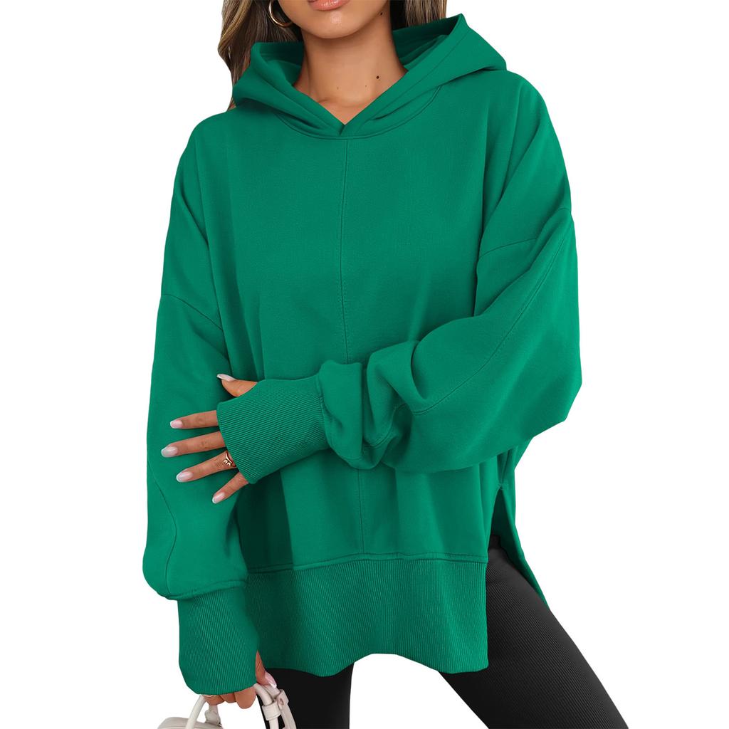 Women's Solid Color Slit Round Neck Sweatshirt Casual Top Loose Long Sleeved Top