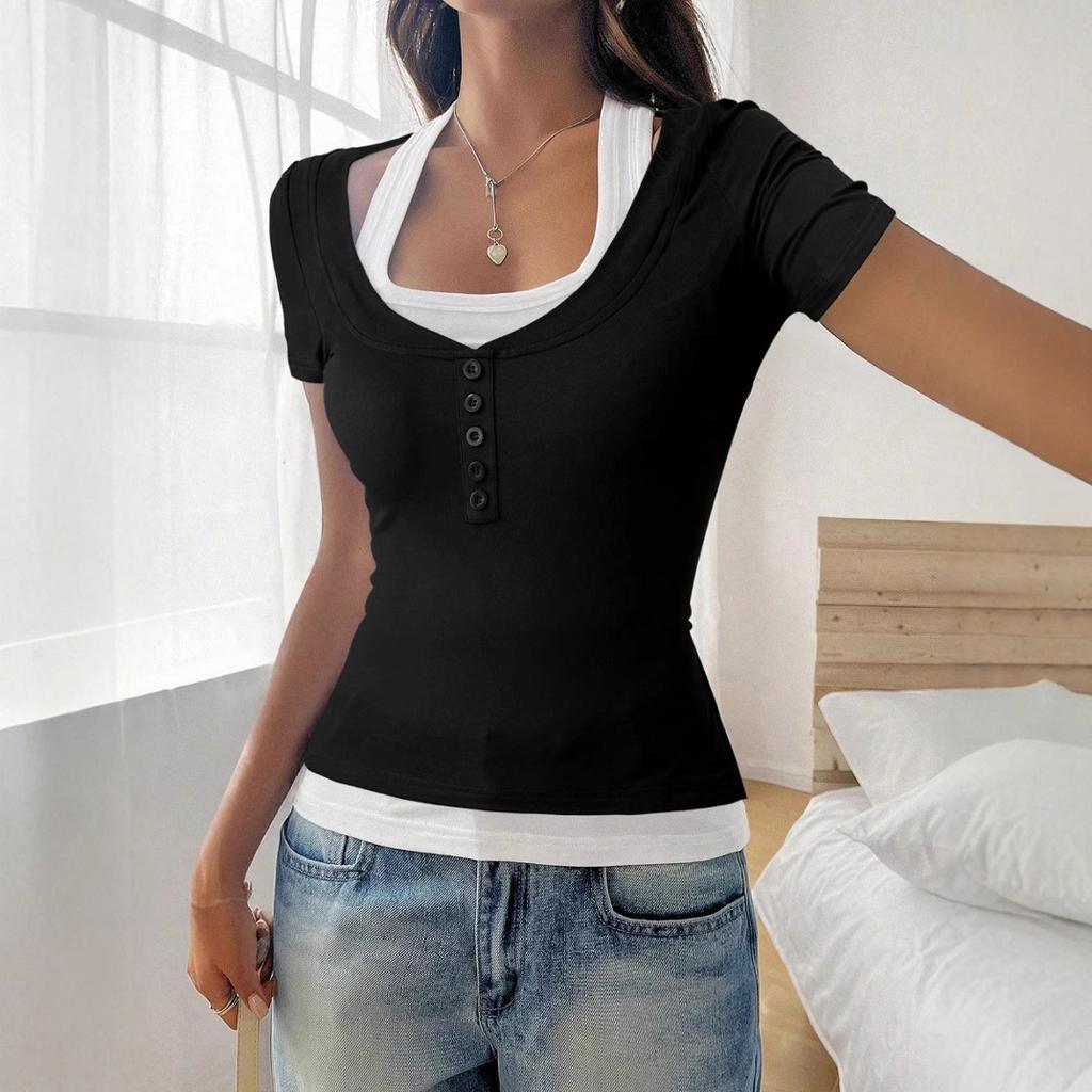 Ladies' Casual Square Collar, Contrasting Color, Fake Two-piece Button Design, Slim Fit Short Sleeved Shirt