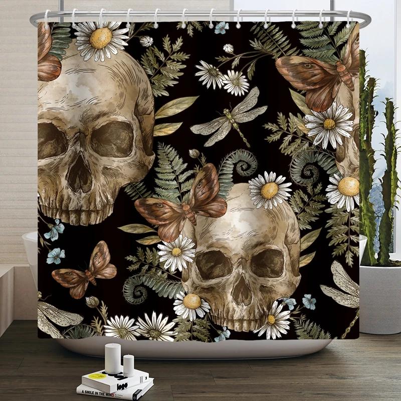 Floral Skull Shower Curtain Mushroom Gothic Halloween Bathroom Decor Curtain Skeleton Butterfly Vintage Artwork Bathtub Curtain