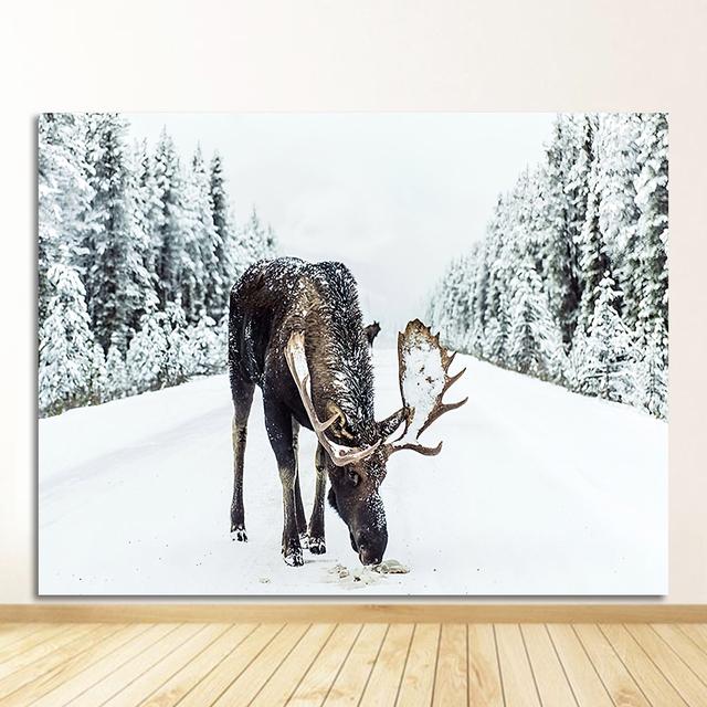 Landscape Pine Forest Snow Elk Nordic Posters And Prints Wall Pictures For Living Room Decor Wall Art Canvas Painting Winter